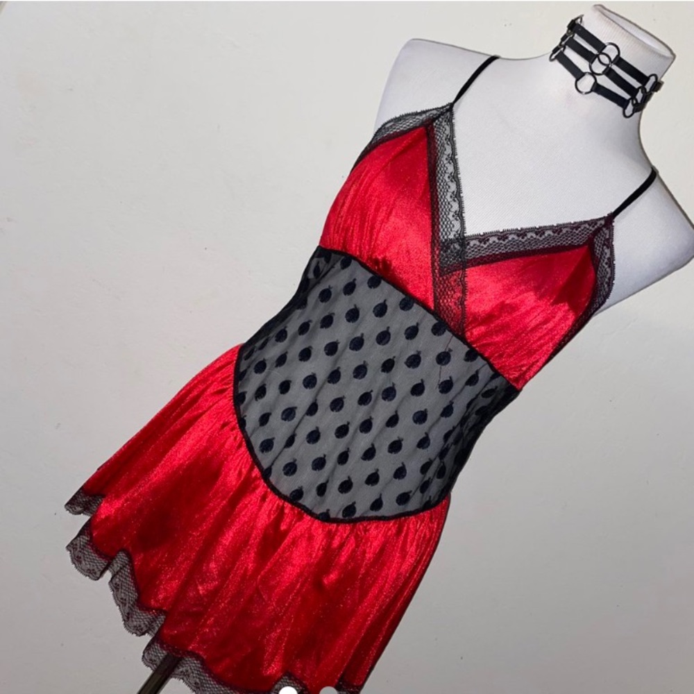 VINTAGE RED N BLACK SHEER POLKA DOT LINGERIE DRESS
